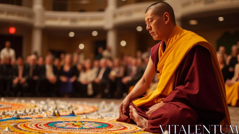 Captivating Image of a Meditating Buddhist Monk on a Colorful Sand Mandala AI Image