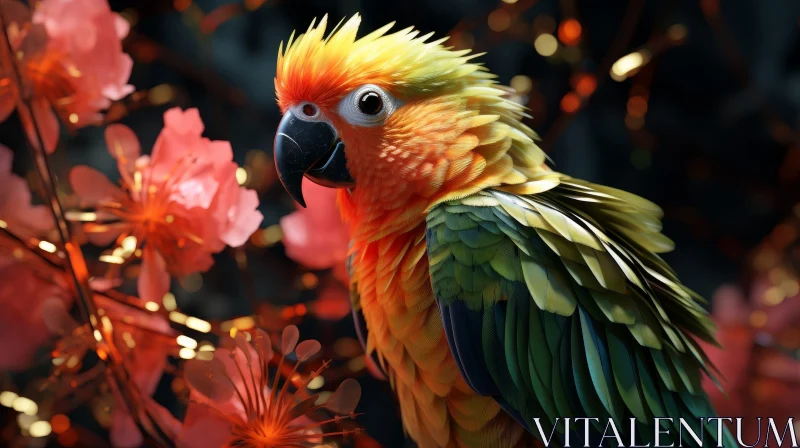 Colorful Parrot on Tree Branch with Red Flowers AI Image