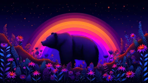 Enchanting Bear in Flower Field Under Rainbow Night Sky