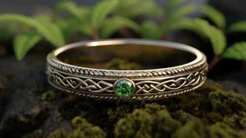 Exquisite Gold Ring with Emerald on Green Moss