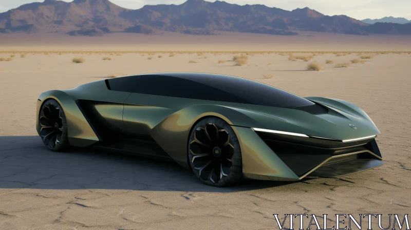 Futuristic Sports Car on Desert Field with Mountains - Dark Green AI Image