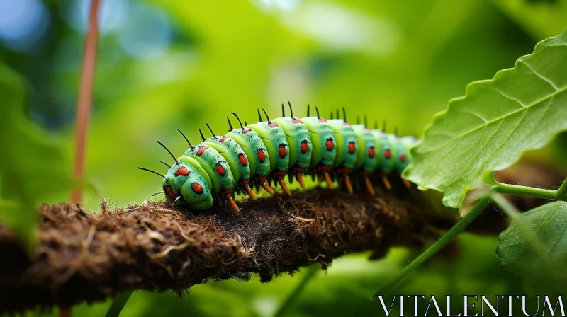 Green Caterpillar with Red Spots on Branch AI Image