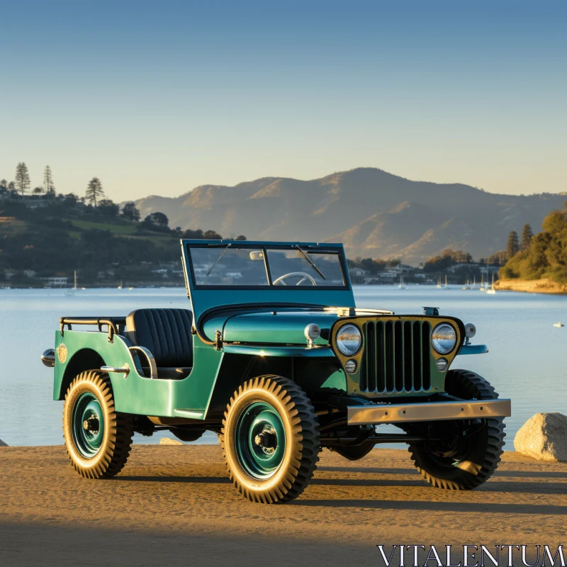 Green Jeep: Revived Historic Art Forms and Calm Waters AI Image