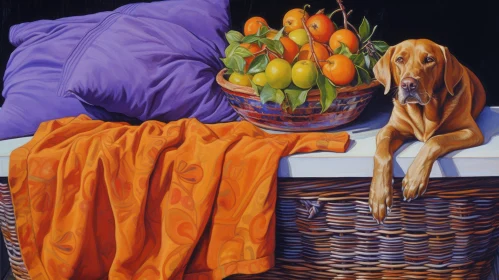 Realistic Still Life Painting with Fruit Basket and Dog