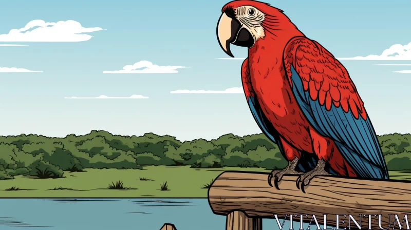 Red Parrot Illustration in Jungle River Setting AI Image