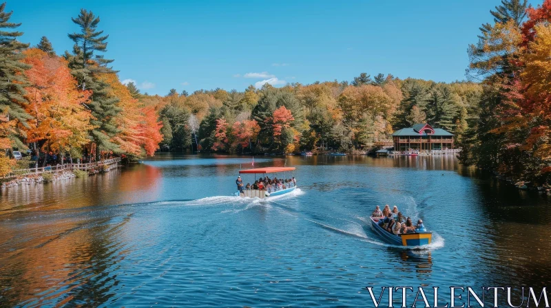Tranquil Boats on Autumn Lake Surrounded by Trees AI Image