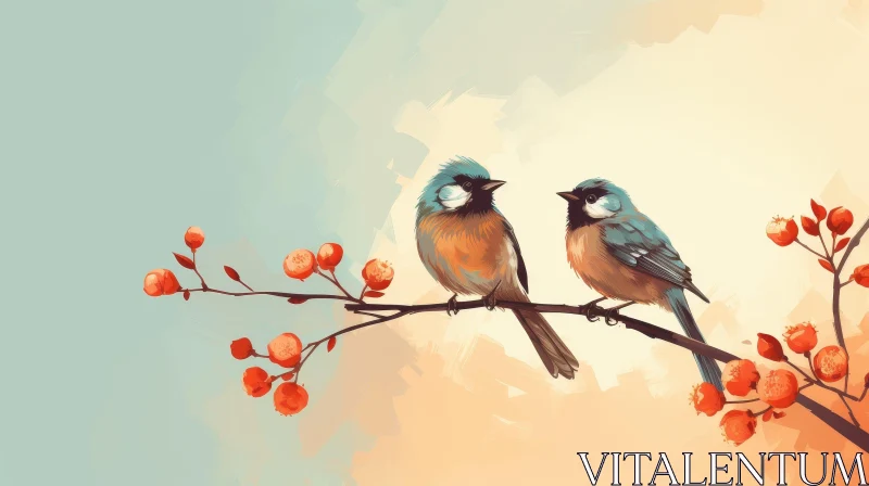 AI ART Birds on Branch Watercolor Painting