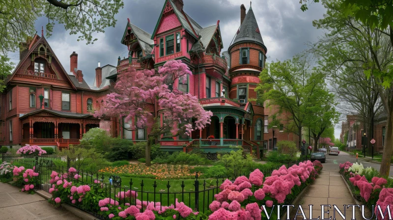Charming Victorian-Style Home with Red Brick Exterior and Green Roof AI Image