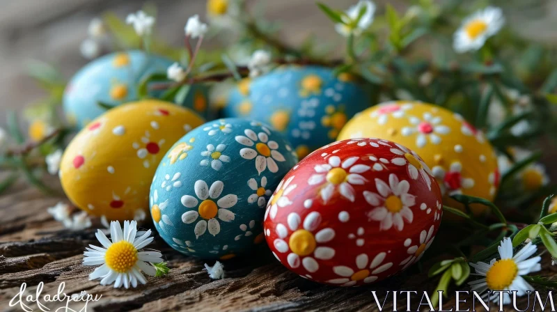 Colorful Easter Eggs on Wooden Background with Floral Patterns AI Image
