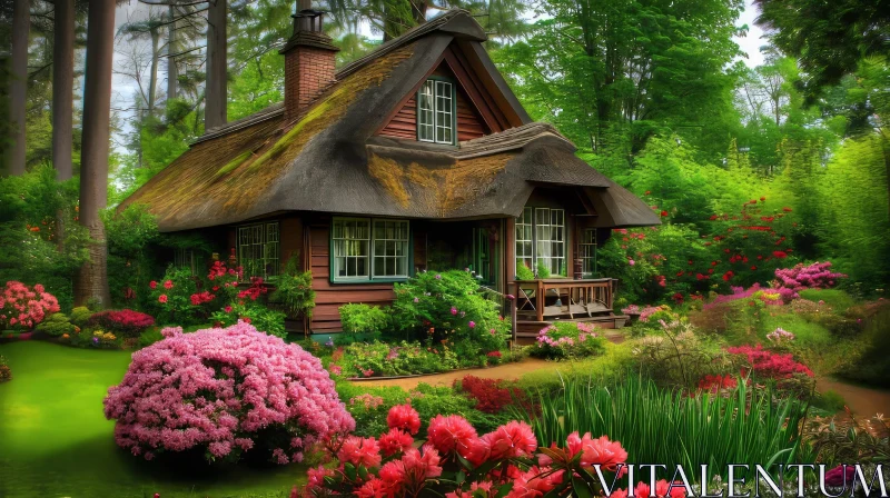 Cozy Cottage in Lush Garden | Serene Nature Scene AI Image
