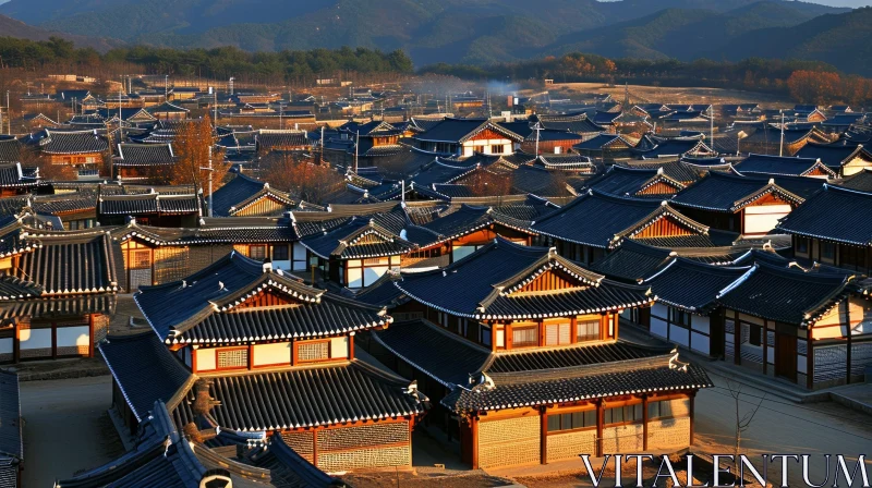 Enchanting Traditional Korean Village Surrounded by Majestic Mountains AI Image