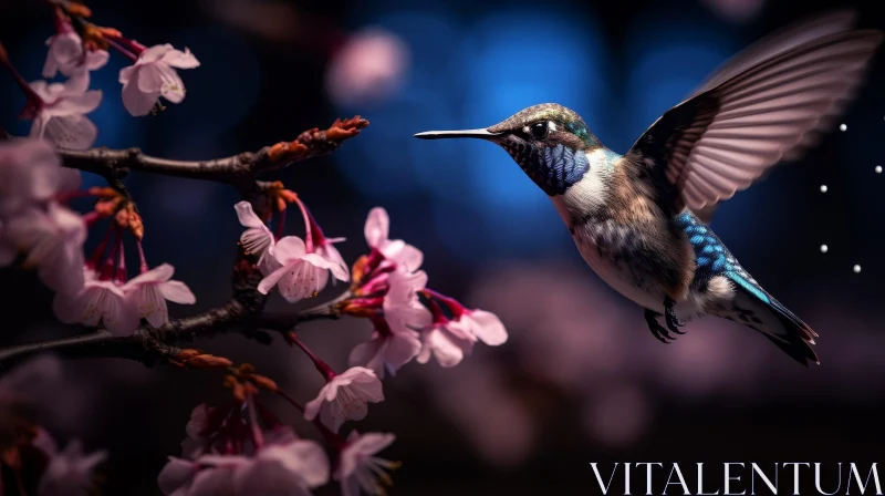 Graceful Hummingbird Flying to Cherry Blossoms AI Image