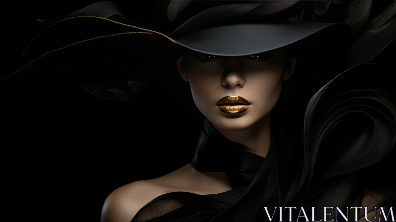 Intense Portrait of Woman in Black Hat and Gold Lips AI Image