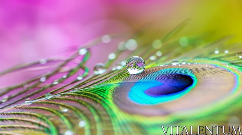 AI ART Peacock Feather & Water Droplet Macro Photo