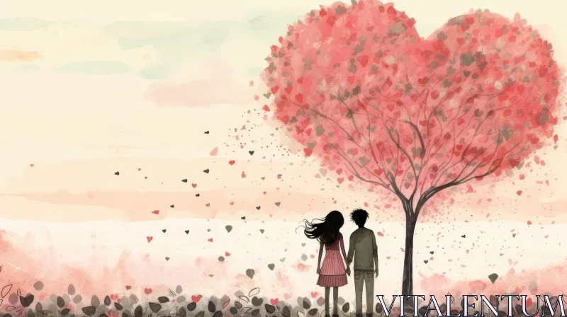 Romantic Watercolor Painting of Couple under Heart-shaped Tree AI Image