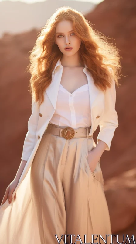 Serious Redheaded Woman Portrait in Desert AI Image