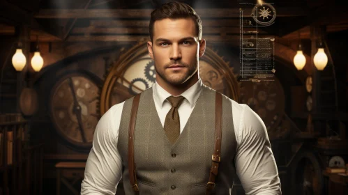 Steampunk Young Man in Brown Vest and Gears Background
