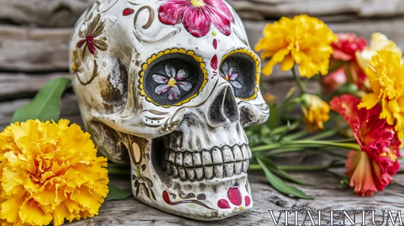 AI ART Still Life with Painted Skull and Flowers on Wooden Background