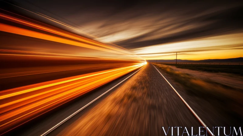 Sunset Train in Rural Landscape: Long Exposure Photography AI Image