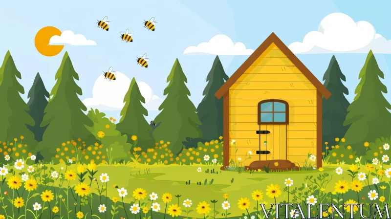 Tranquil Beehive Illustration in Meadow AI Image