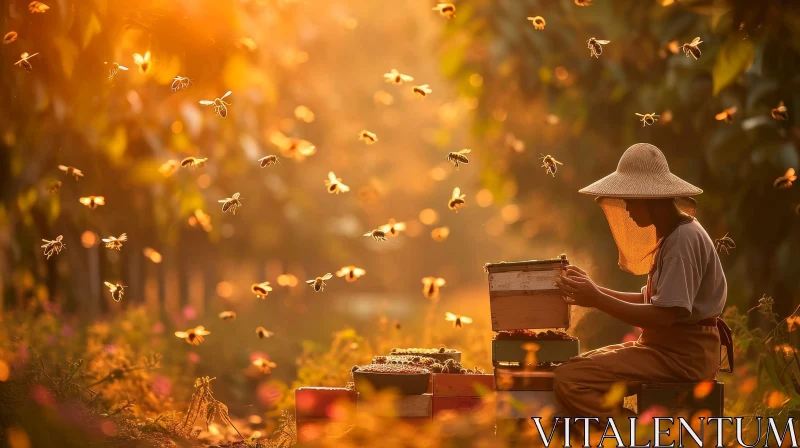Beekeeper at Sunset in Apiary with Bees and Flowers AI Image