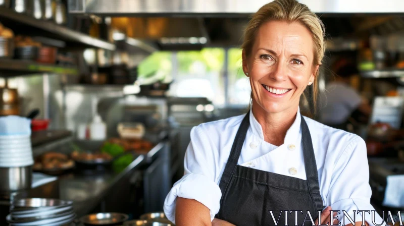 Confident Female Chef in Commercial Kitchen | Professional Cooking AI Image