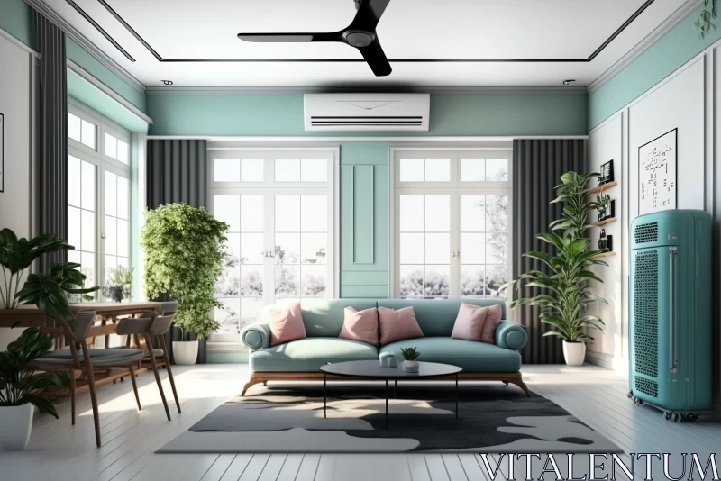 Contemporary Home Interior with Greenery and Turquoise Couch AI Image