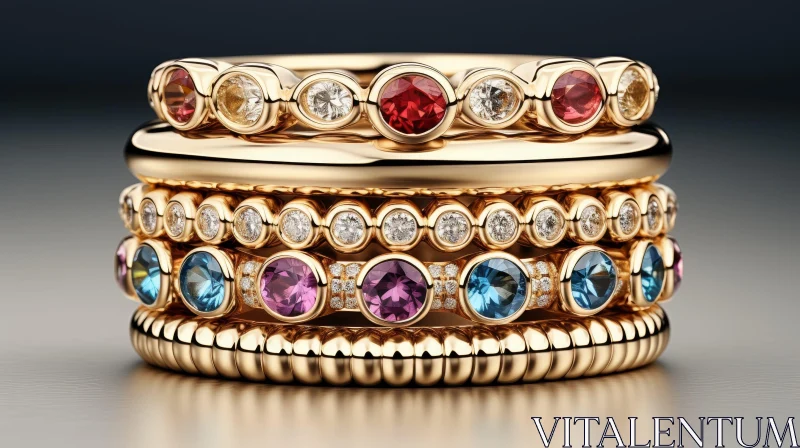 Elegant Gold Rings with Gemstones on Gray Background AI Image