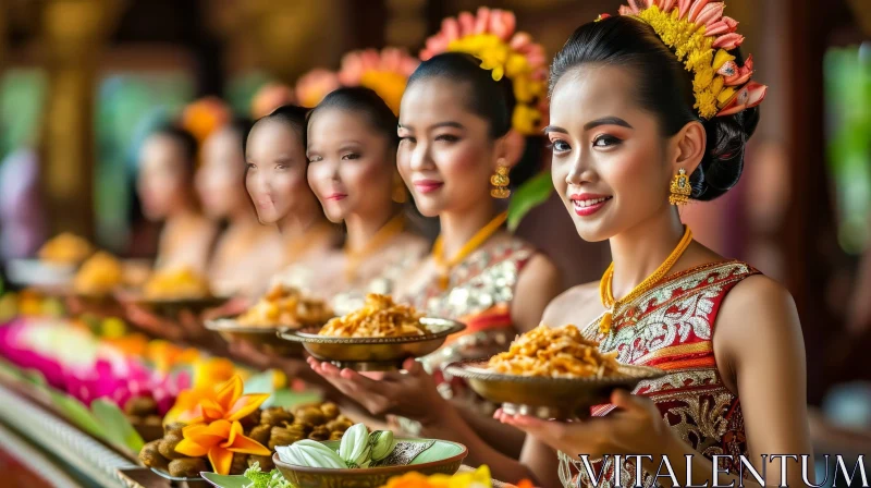 Four Beautiful Asian Women in Traditional Thai Costumes with Food Trays AI Image