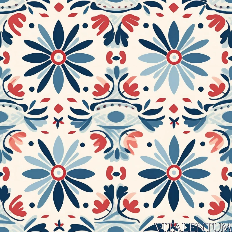 Hand-Painted Floral Seamless Pattern in Blue, Red, and White AI Image