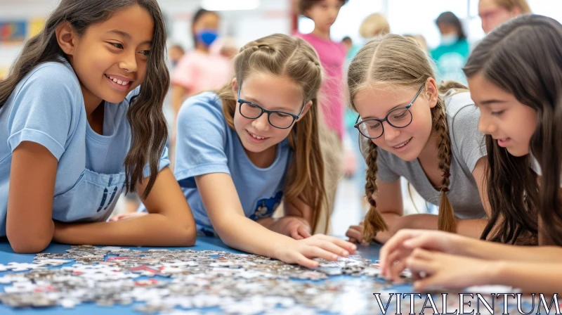 Joyful Collaboration: Four Girls Solving Puzzle in a Classroom AI Image