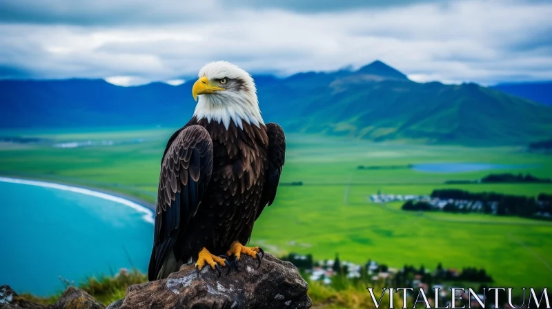 Majestic Eagle on Rock in Nature Landscape AI Image