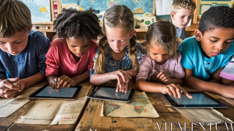 Multiracial Children Using Tablets in a Classroom AI Image