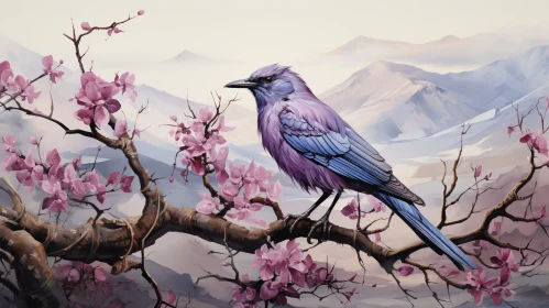 Blue Bird Painting on Cherry Tree Branch with Mountain Background
