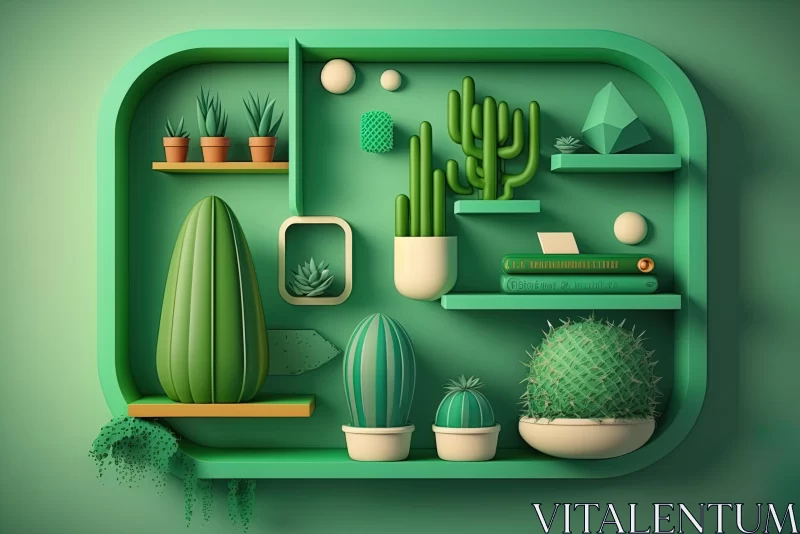 Captivating 3D Cacti Plants on Green Shelves - Organic Forms and Geometric Shapes AI Image