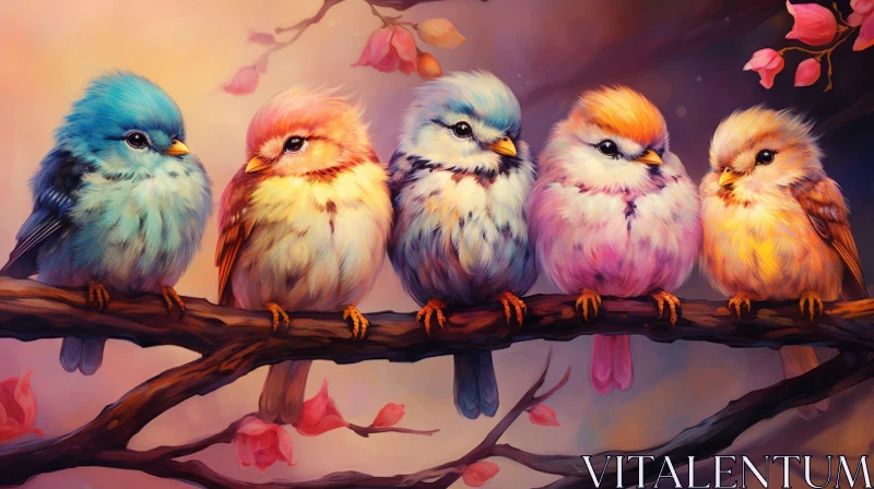 Colorful Birds on Branch - Digital Painting AI Image