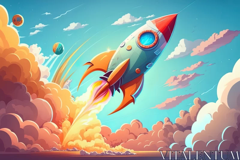 Colorful Cartoon Rocket Launches into the Sky - Fantasy Realism Illustration AI Image