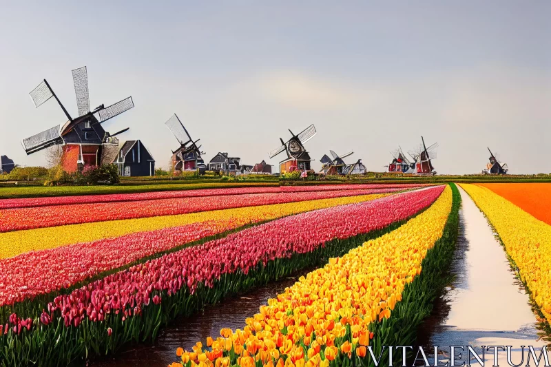 Colorful Windmills and Fields of Tulips: A Spectacular Natural Beauty AI Image