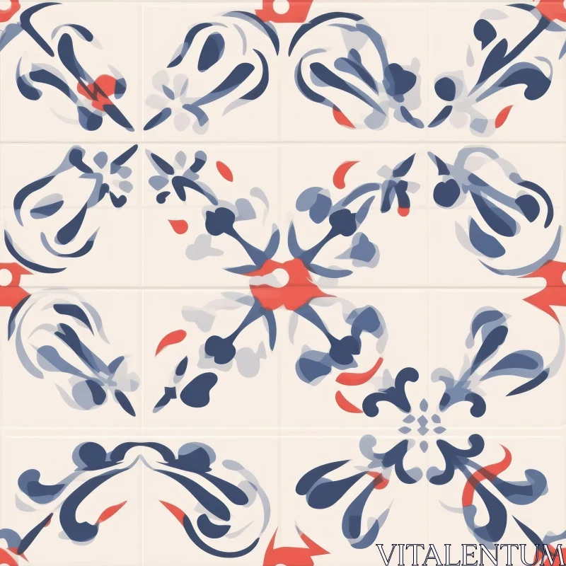 Elegant Blue and Red Floral Tile Pattern AI Image