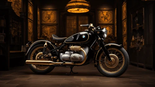 Elegantly Formal Antique Black and Gold BMW Motorcycle in Room