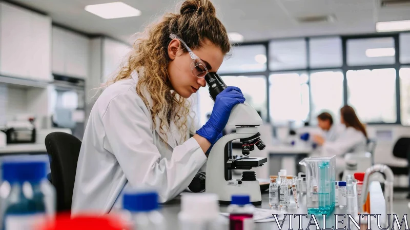 Intense Female Scientist Examining Microscope in Laboratory AI Image