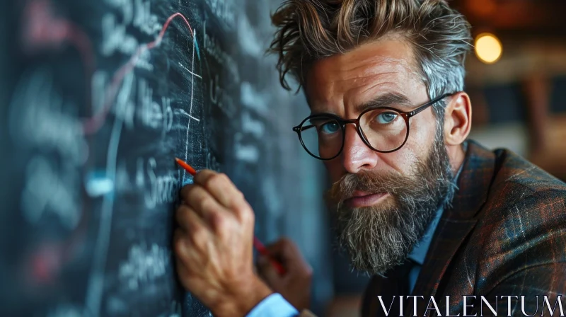 Intense Intellectual: Bearded Man Writing Mathematical Equations AI Image
