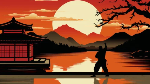 Moonlit Japanese Landscape Painting with Martial Artist Silhouette