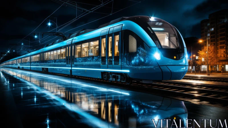 Night Scene: Modern High-Speed Train at Station AI Image