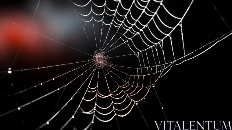 AI ART Red-Lit Spider Web with Water Droplets - Stock Photo
