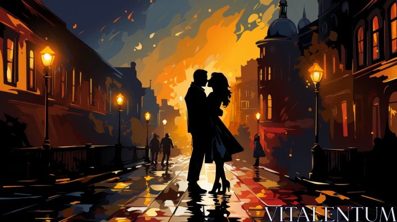 Romantic Night Painting: Couple Kissing in Rain AI Image