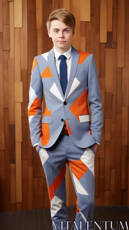 Serious Young Man in Geometric Suit against Wood Grain Wall AI Image