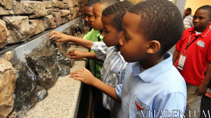 Three African-American Boys Observing Water Feature in Museum AI Image