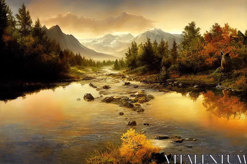 Tranquil River and Majestic Mountains: A Sublime Wilderness Painting AI Image