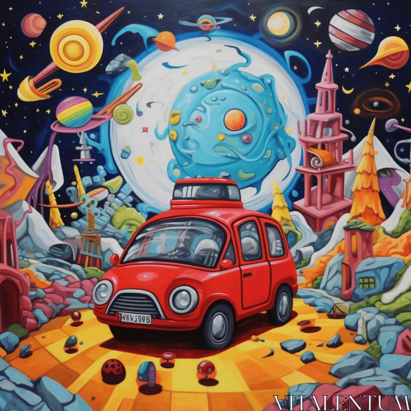 Captivating Painting: Red Car and Moon in Cartoon Style AI Image